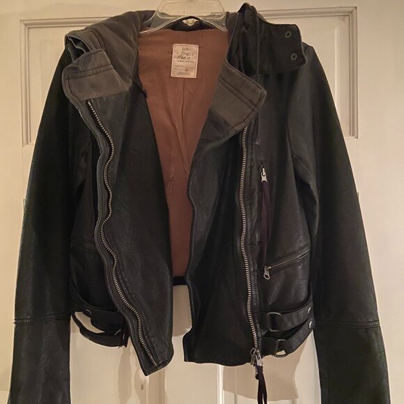 We The Free Womens Black Vegan Leather Hooded Moto Jacket - XS/S - Picture 1 of 6